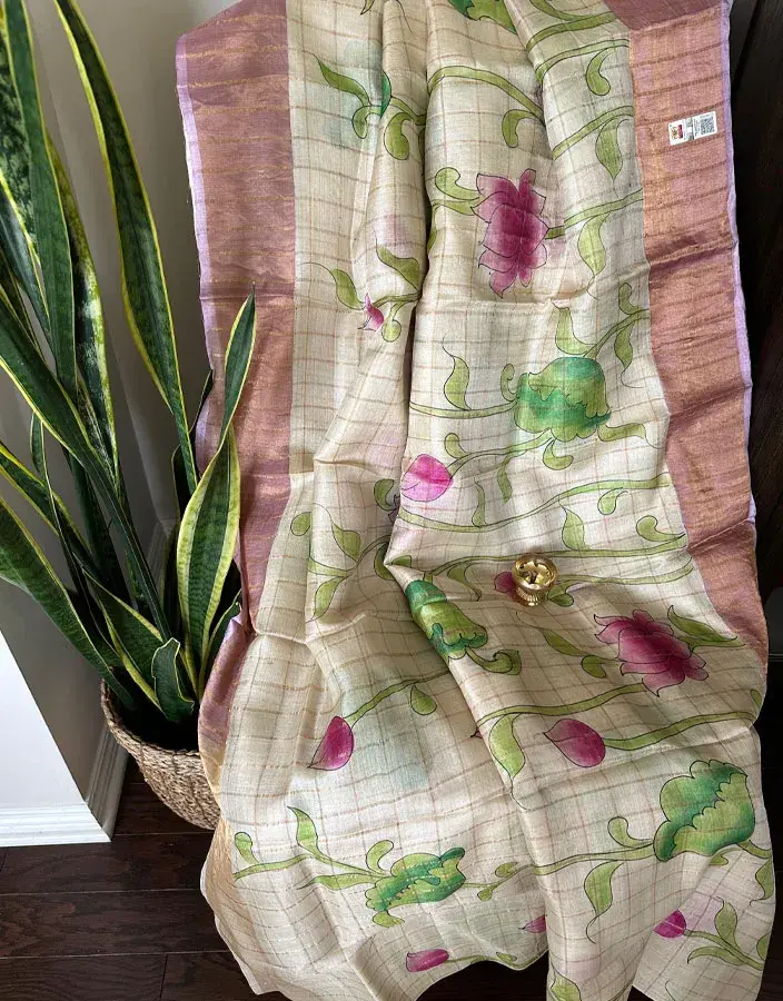 Hand-Painted-Floral-Tussar-Silk-Saree-–-Beige-with-Pink-&-Green-Lotus-Motifs Hand-Painted Floral Tussar Silk Saree – Beige with Pink & Green Lotus Motifs