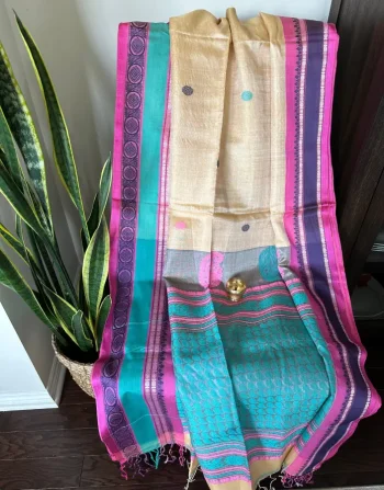 Elegant Tussar Jamdani Saree in Teal, Pink & Beige with Woven Motifs