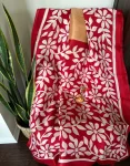 Bold Red Linen Saree with White Floral Motif and Golden Blouse Piece