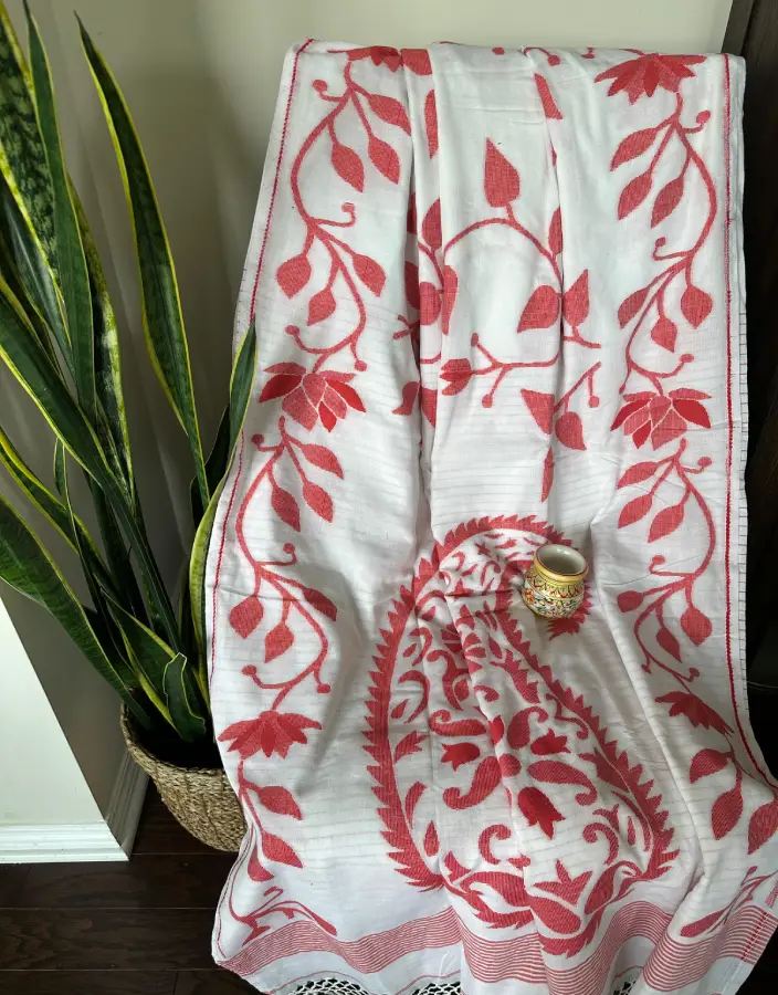 White Handwoven Cotton Saree with Red Floral Thread Embroidery White Handwoven Cotton Saree with Red Floral Thread Embroidery