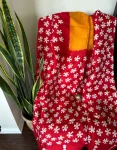 Bold Red Cotton Saree with White Floral Print and Mustard Blouse Piece