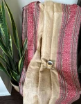 Beige Nobokothi Saree with Red Intricate Motifs and Black Striped Borders