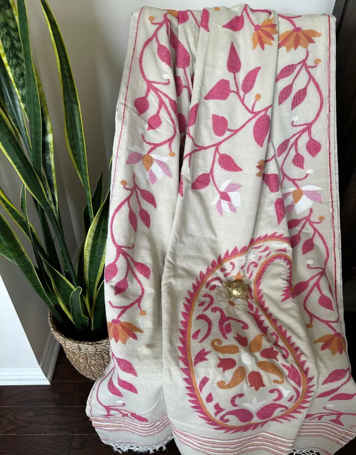 Off-White Kanthastitch Saree with Pink Floral Vines and Bold Paisley Motif White Kanthastitch Saree with Pink Floral Vines and Bold Paisley Motif