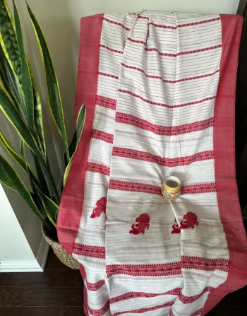 Traditional White and Red Gorod Saree with Folk Motifs and Woven Borders