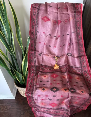 Rose Maroon Nobokothi Saree with Black & Red Geometric Tribal Motifs