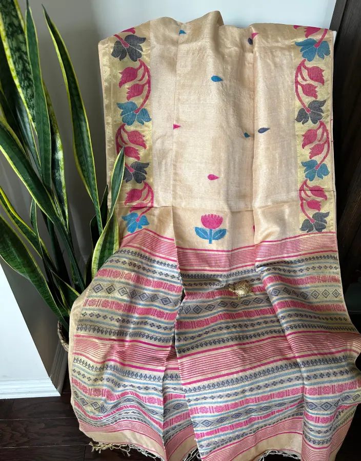 Golden Beige Tussar Jamdani Saree with Pink-Blue Lotus Motifs and Striped Pallu Golden Beige Tussar Jamdani Saree with Pink-Blue Lotus Motifs and Striped Pallu