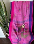 Pink Linen Saree with Purple Border and Abstract Floral Motifs
