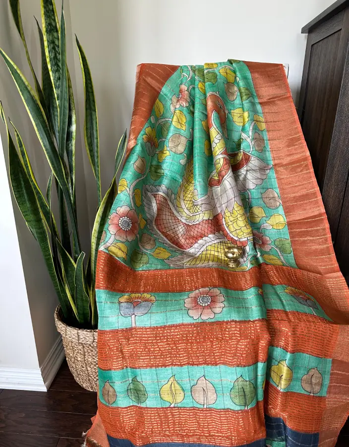 Hand-Painted Parsi Bullian Saree with Swan & Floral Motifs Hand-Painted Parsi Bullian Saree with Swan & Floral Motifs