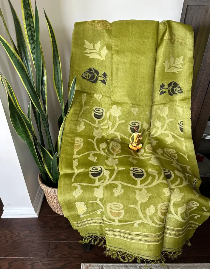 Olive Green Matka Silk Saree with Floral Weave Olive Green Matka Silk Saree with Floral Weave