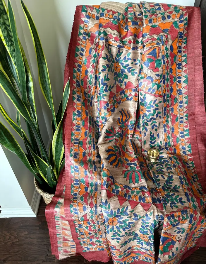 Multicolor Pattachitra Art Silk Saree with Maroon Border Multicolor Pattachitra Art Silk Saree with Maroon Border