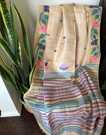 Beige Floral Handwoven Linen Saree with Pastel Borders