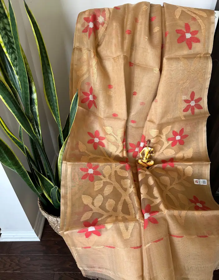 Golden Beige Tissue Linen Saree with Red & Gold Floral Weave Golden Beige Tissue Linen Saree with Red & Gold Floral Weave