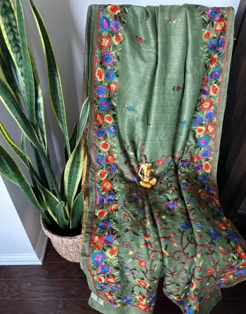 Olive Green Kantha Stitch Saree with Multicolor Floral Embroidery