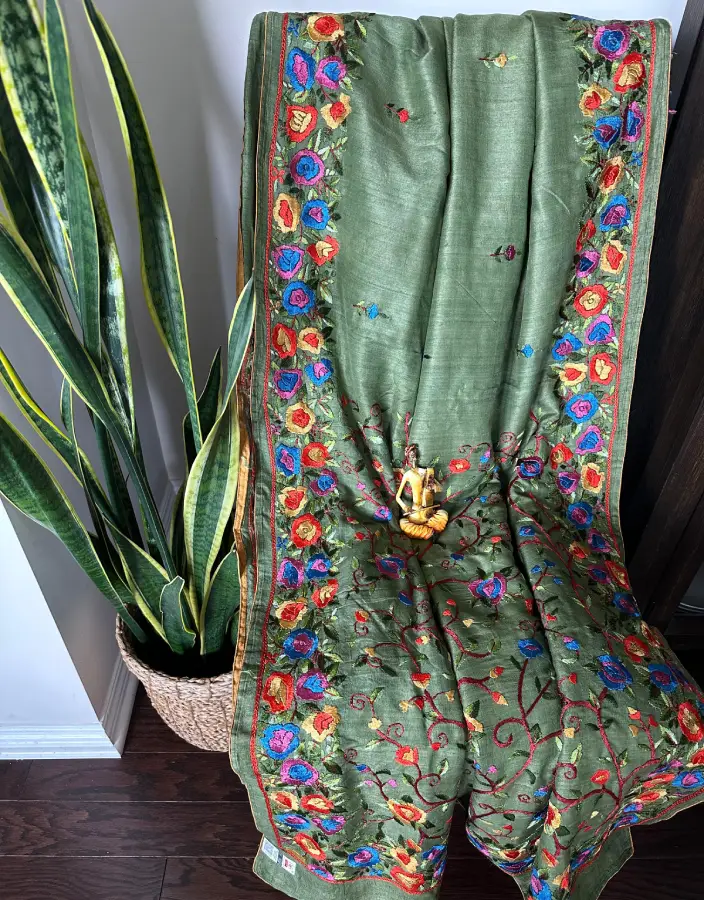 Olive Green Kantha Stitch Saree with Multicolor Floral Embroidery Olive Green Kantha Stitch Saree with Multicolor Floral Embroidery