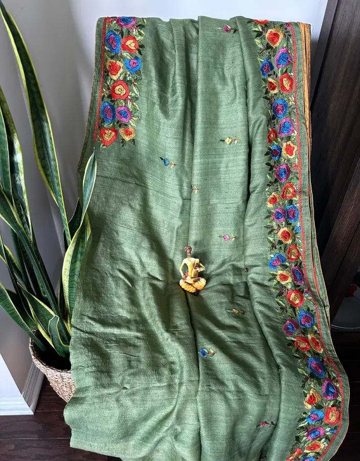 Minimal Olive Green Kantha Stitch Saree with Floral Border Embroidery Minimal Olive Green Kantha Stitch Saree with Floral Border Embroidery