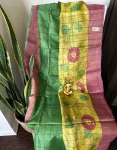 Traditional Baluchari Saree in Pink & Green with Floral Yellow Pallu