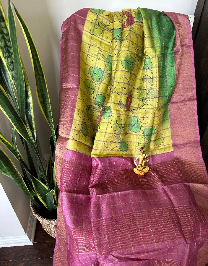 Traditional Baluchari Saree in Pink & Green with Floral Yellow Pallu Traditional Baluchari Saree in Pink & Green with Floral Yellow Pallu