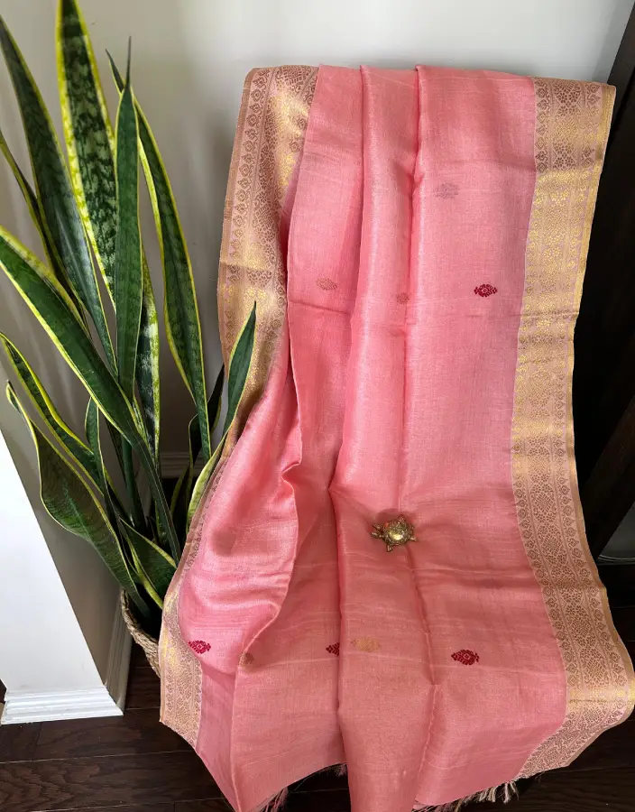 Subtle Baby Pink Gorod Saree with Red-Gold Buti and Zari Border Subtle Baby Pink Gorod Saree with Red-Gold Buti and Zari Border