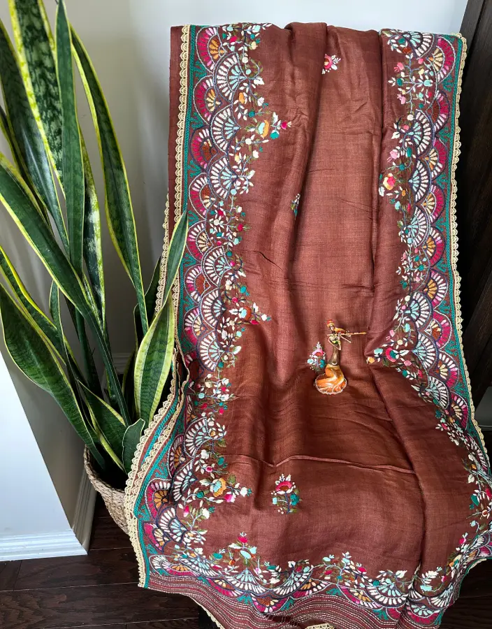 Rust Brown Kantha Stitch Saree with Dual Floral Border Embroidery Rust Brown Kantha Stitch Saree with Dual Floral Border Embroidery