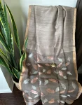 Mocha Brown Matka Silk Saree with Copper & Silver Leaf Motifs