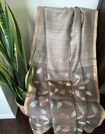 Mocha Brown Matka Silk Saree with Copper & Silver Leaf Motifs