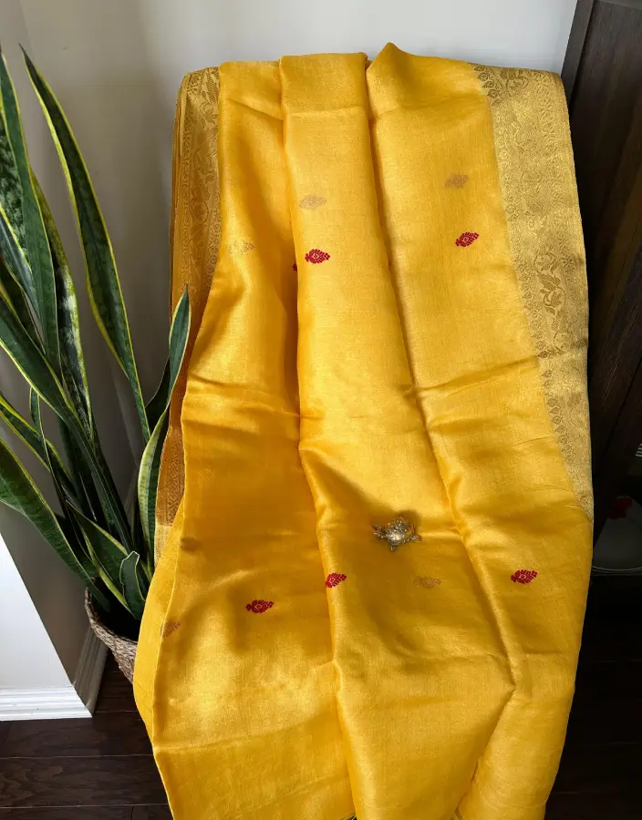 Golden Yellow Gorod Saree with Red Buti and Rich Zari Border Golden Yellow Gorod Saree with Red Buti and Rich Zari Border
