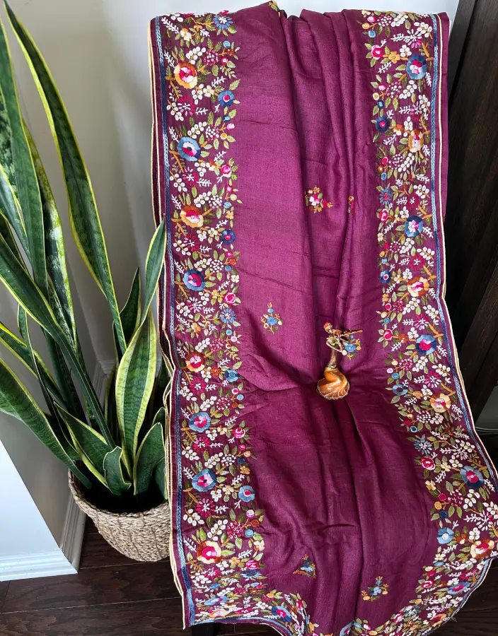 Deep Plum Kantha Stitch Cotton Saree with Multicolor Floral Embroidery Deep Plum Kantha Stitch Cotton Saree with Multicolor Floral Embroidery