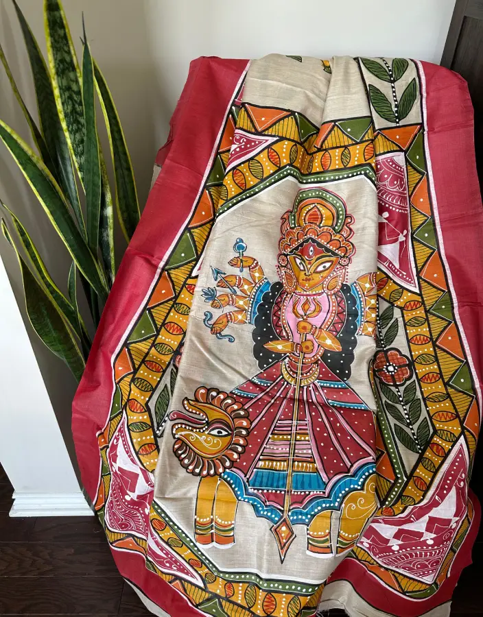 Red and Beige Pattachitra Hand-Painted Silk Saree with Durga Motif Red and Beige Pattachitra Hand-Painted Silk Saree with Durga Motif