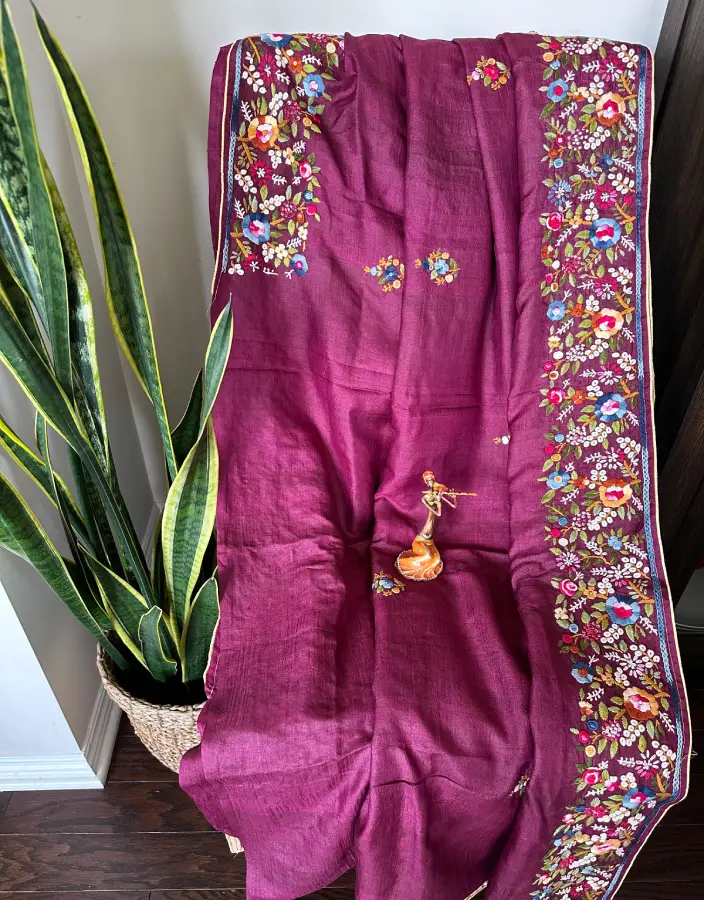 Magenta Kantha Stitch Saree with Floral Embroidered Border Magenta Kantha Stitch Saree with Floral Embroidered Border