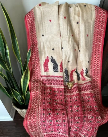 Beige & Red Kanthastitch Saree with Peacock Motif Embroidery