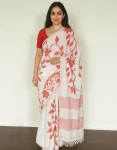 White Handwoven Cotton Saree with Red Floral Thread Embroidery