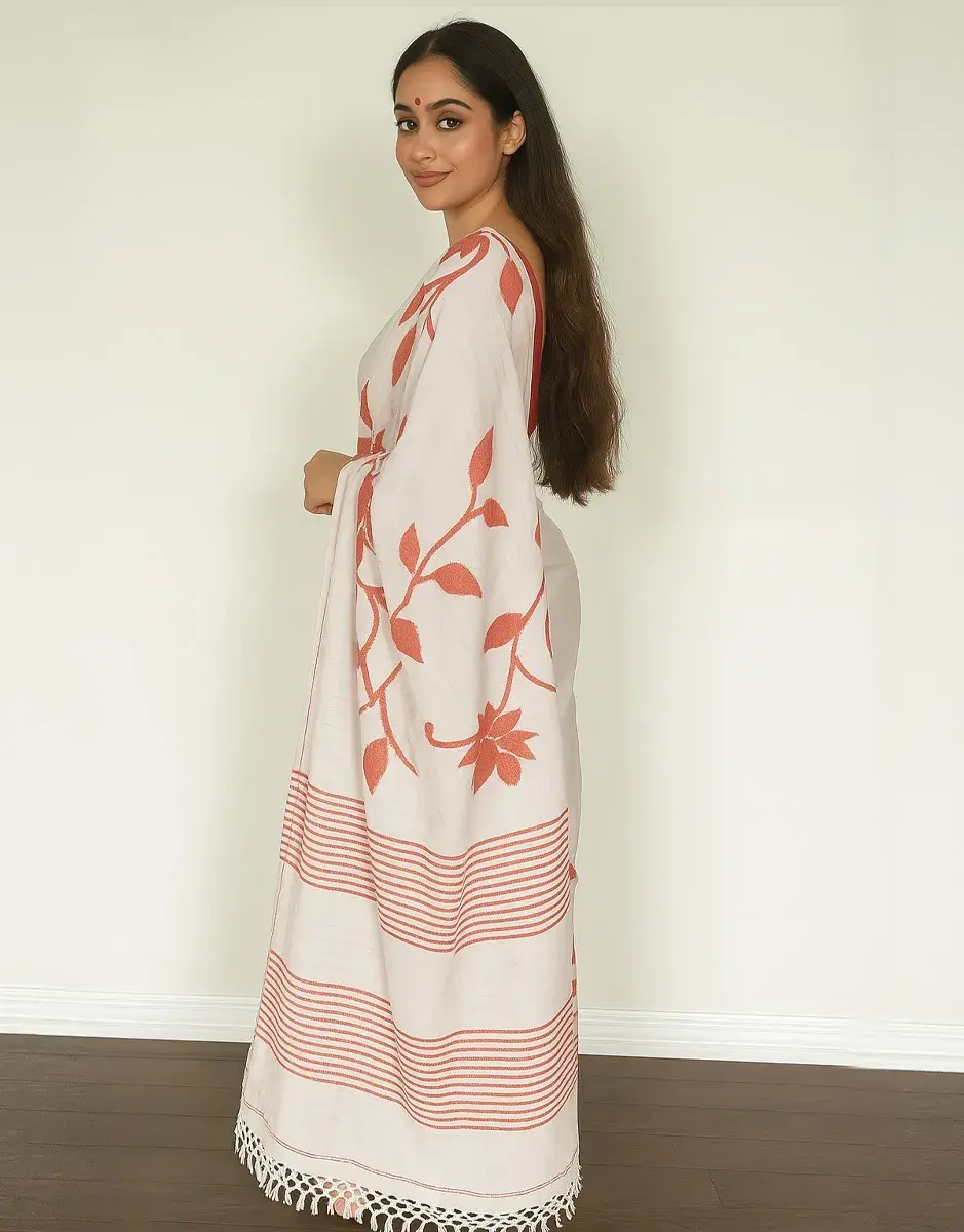 White Kanthastitch Saree with Pink Floral Vines and Bold Paisley Motif White Kanthastitch Saree with Pink Floral Vines and Bold Paisley Motif