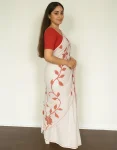 White Handwoven Cotton Saree with Red Floral Thread Embroidery