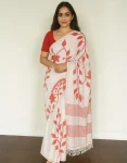 White Handwoven Cotton Saree with Red Floral Thread Embroidery