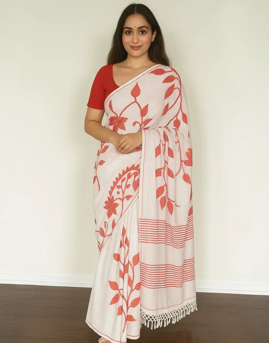 White Kanthastitch Saree with Pink Floral Vines and Bold Paisley Motif White Kanthastitch Saree with Pink Floral Vines and Bold Paisley Motif