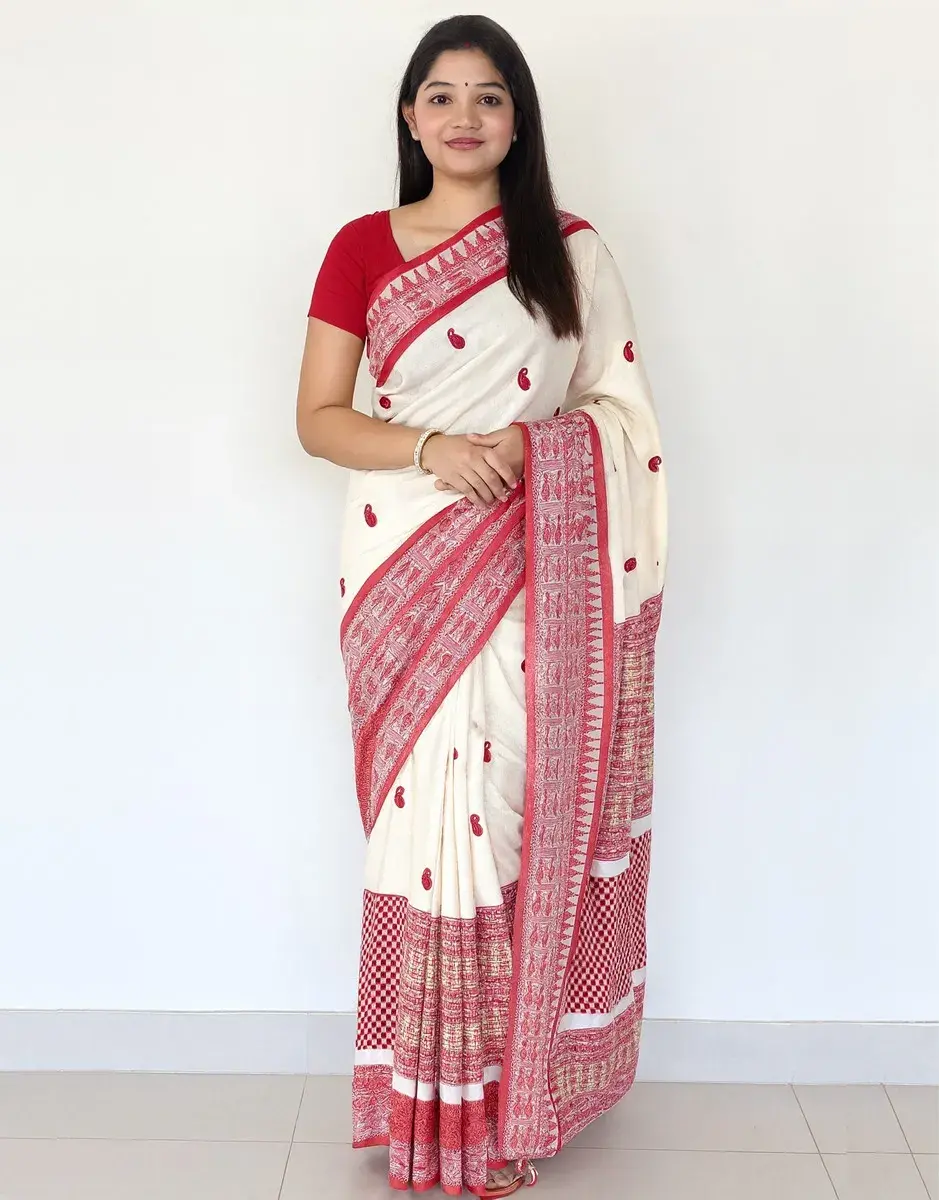 Traditional Red & Off-White Cotton Saree with Bengal Weave Motifs Traditional Red & Off-White Cotton Saree with Bengal Weave Motifs