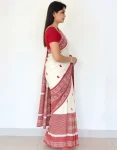 Traditional Red & Off-White Cotton Saree with Bengal Weave Motifs