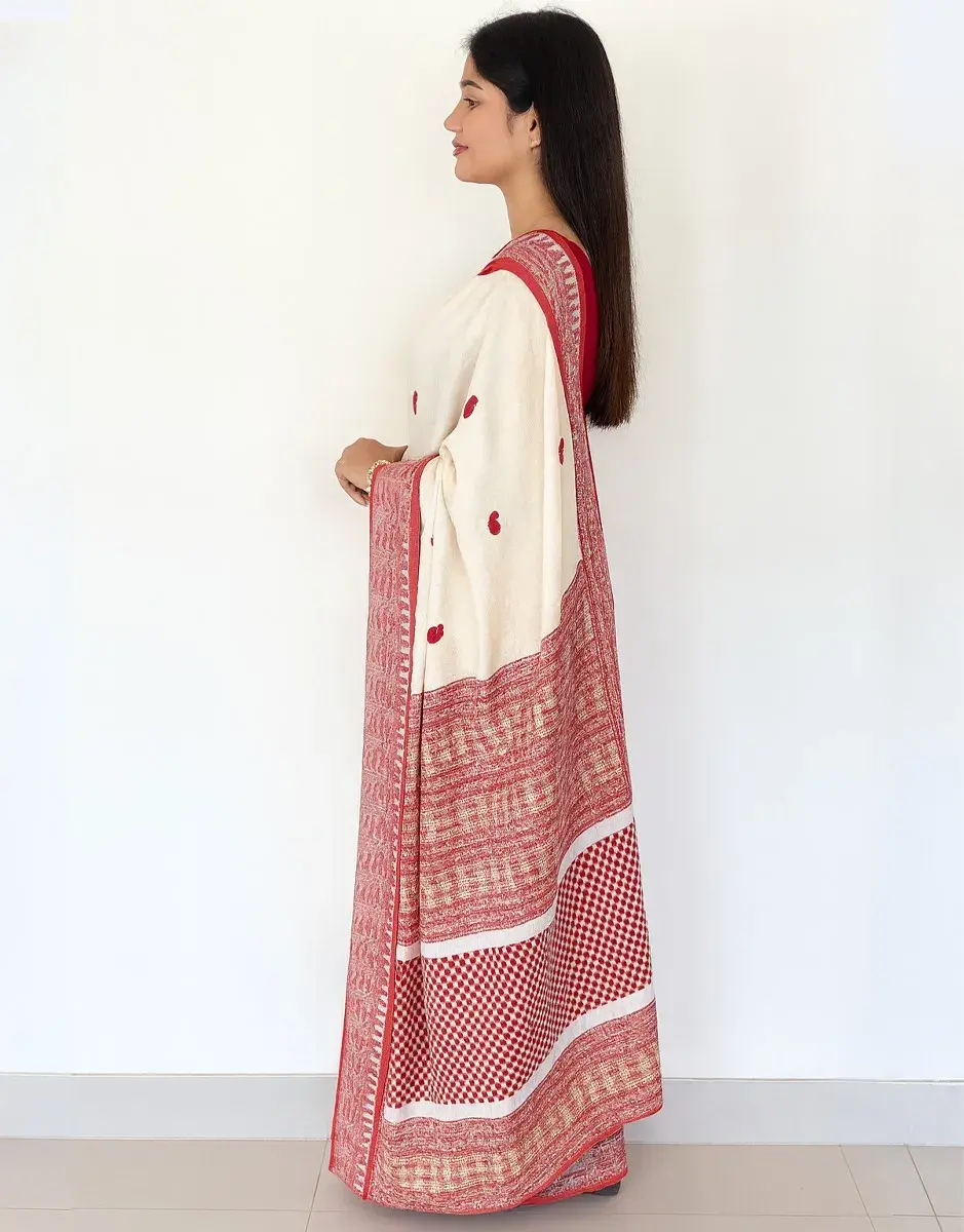 Traditional Red & Off-White Cotton Saree with Bengal Weave Motifs Traditional Red & Off-White Cotton Saree with Bengal Weave Motifs