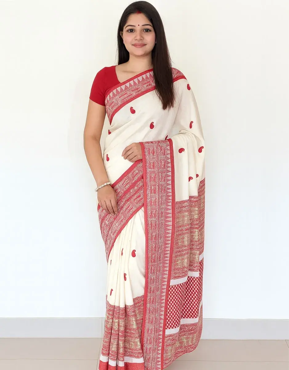 Traditional Red & Off-White Cotton Saree with Bengal Weave Motifs Traditional Red & Off-White Cotton Saree with Bengal Weave Motifs