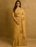 Golden Beige Tissue Linen Saree with Red & Gold Floral Weave