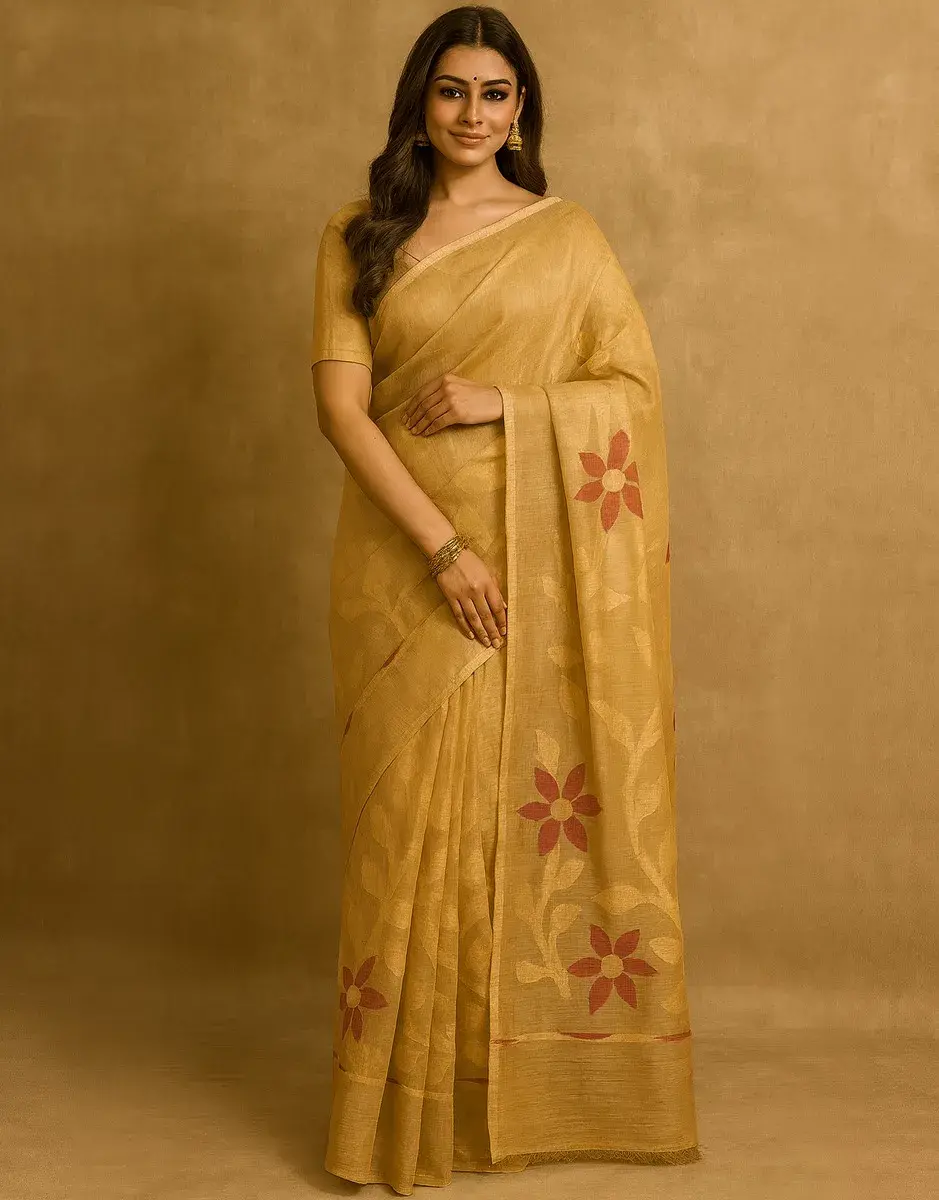 Golden Beige Tissue Linen Saree with Red & Gold Floral Weave Golden Beige Tissue Linen Saree with Red & Gold Floral Weave