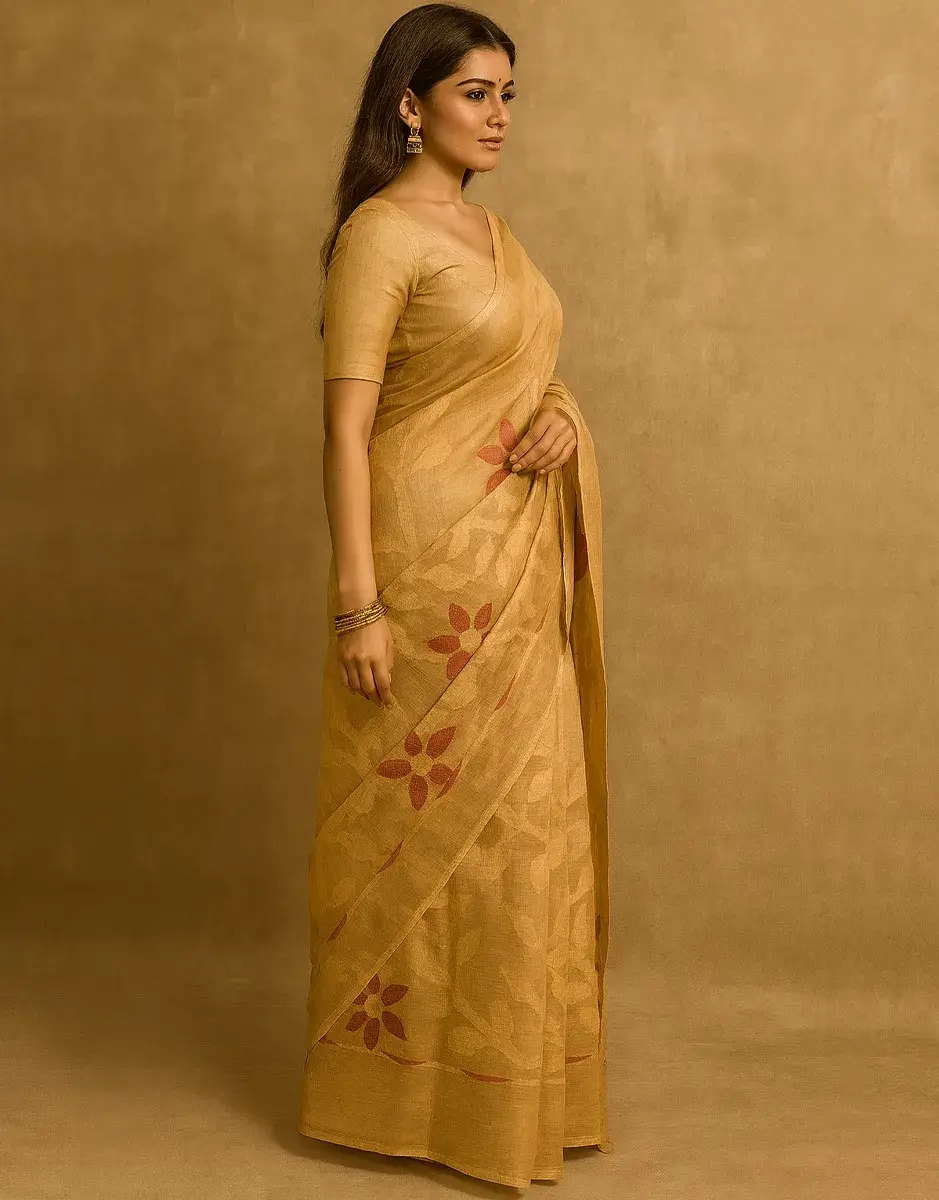 Golden Beige Tissue Linen Saree with Red & Gold Floral Weave Golden Beige Tissue Linen Saree with Red & Gold Floral Weave