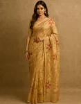 Golden Beige Tissue Linen Saree with Red & Gold Floral Weave