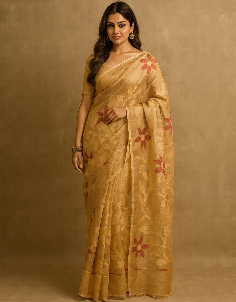 Golden Beige Tissue Linen Saree with Red & Gold Floral Weave Golden Beige Tissue Linen Saree with Red & Gold Floral Weave