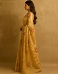 Golden Beige Tissue Linen Saree with Red & Gold Floral Weave