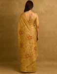 Golden Beige Tissue Linen Saree with Red & Gold Floral Weave
