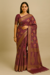 Baluchari Saree in Deep Wine with Multicolor Floral Buta & Traditional Motif Pallu