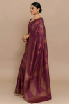 Baluchari Saree in Deep Wine with Multicolor Floral Buta & Traditional Motif Pallu