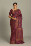 Baluchari Saree in Deep Wine with Multicolor Floral Buta & Traditional Motif Pallu