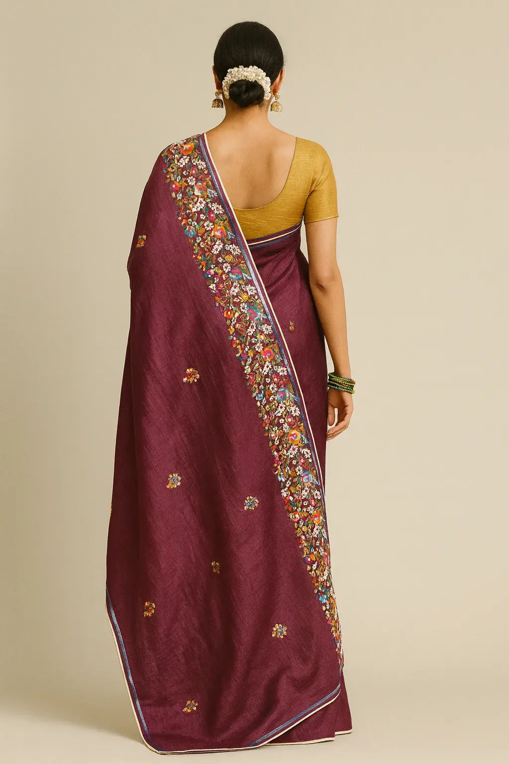 bck Deep Maroon Tussar Parsi Bullian Saree with Multicolor Floral Embroidery